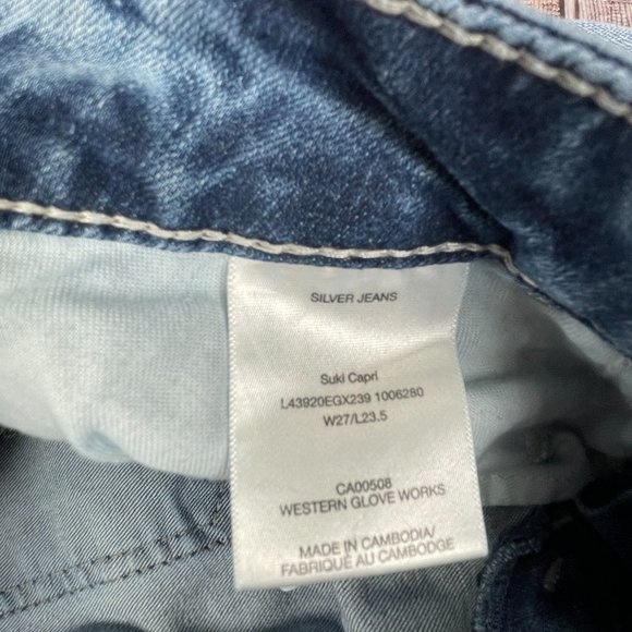 SILVER JEANS SUKI CAPRI Women's W 27 L 23.5 Blue Denim Jeans Capri Thick Stitch - Picture 6 of 6